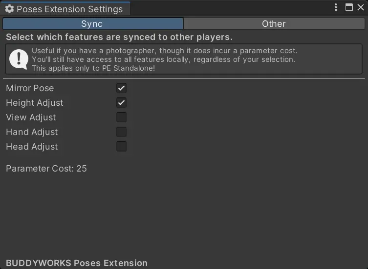 Sync tab in settings window, allowing you to change the sync state of each PE component.
