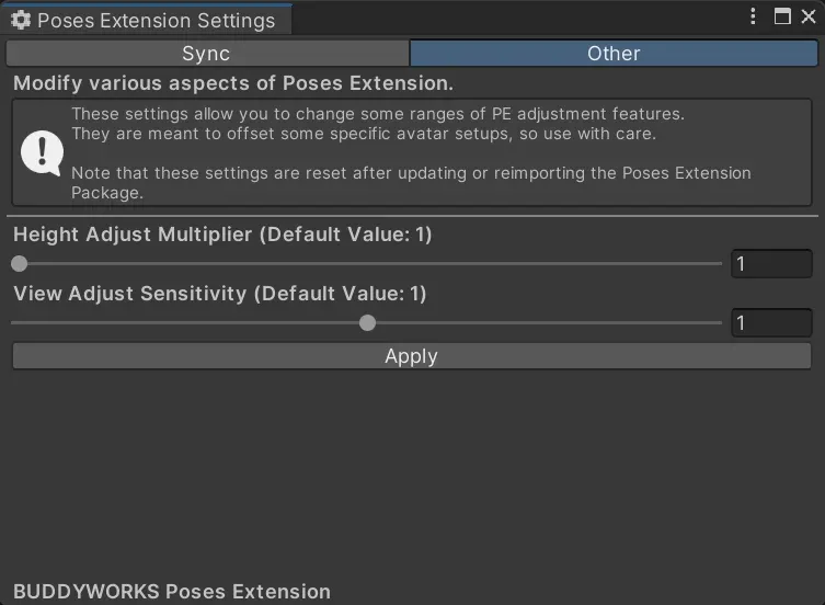 Other tab in settings window, allowing modification of various PE modifiers.